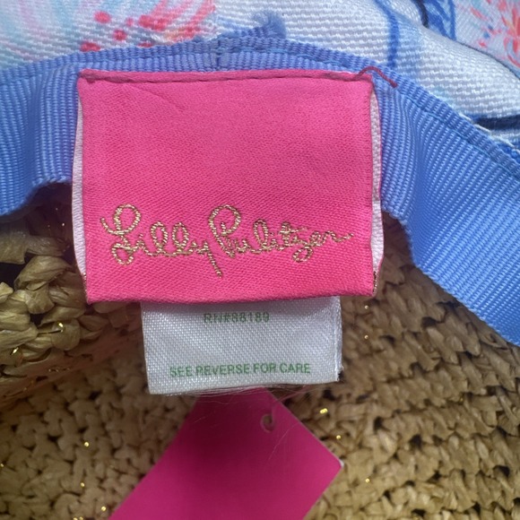 Lilly Pulitzer Straw Wide Brim Sun Hat Tropical Floral Print Pink Blue One Size - Picture 10 of 13
